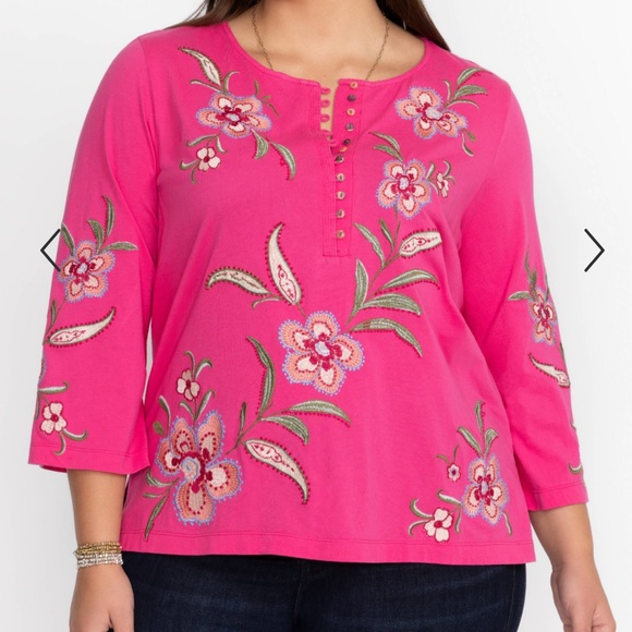Johnny Was JWLA Libbi 3/4 Sleeve Flamingo Pink Embroidered Cotton Henley Top 1X - Picture 3 of 16